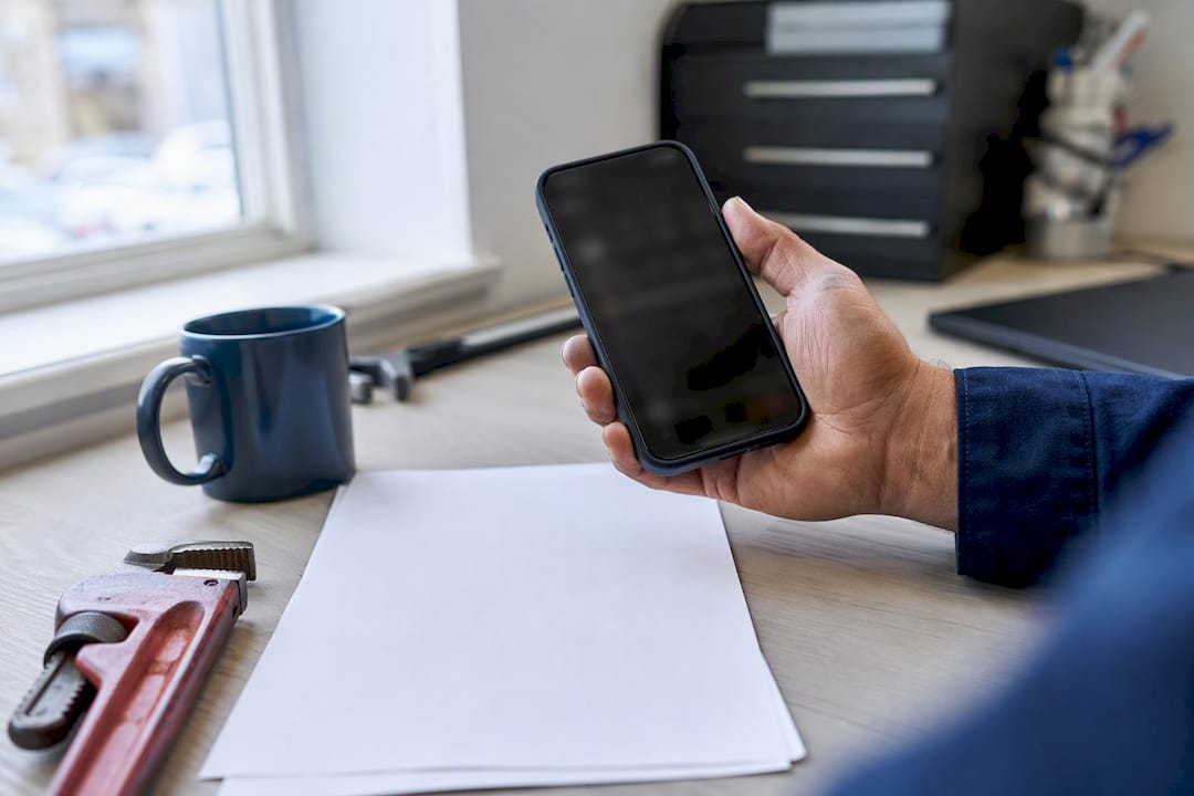 Hand holding smartphone monitoring Reddit in service office