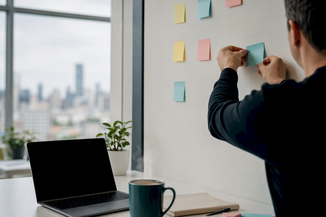 Service owner placing backlink tracking notes in office