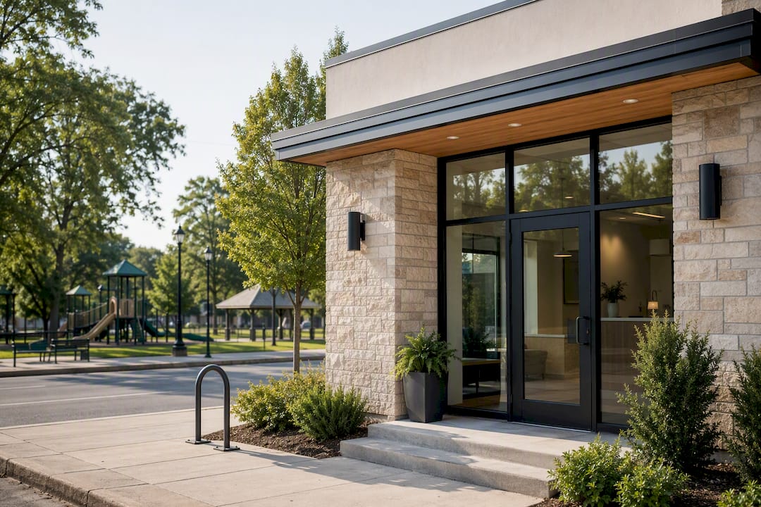 Dental practice entrance beside neighborhood landmark
