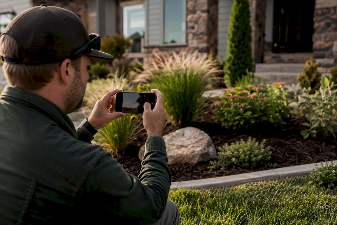 Landscaper photographing completed garden project