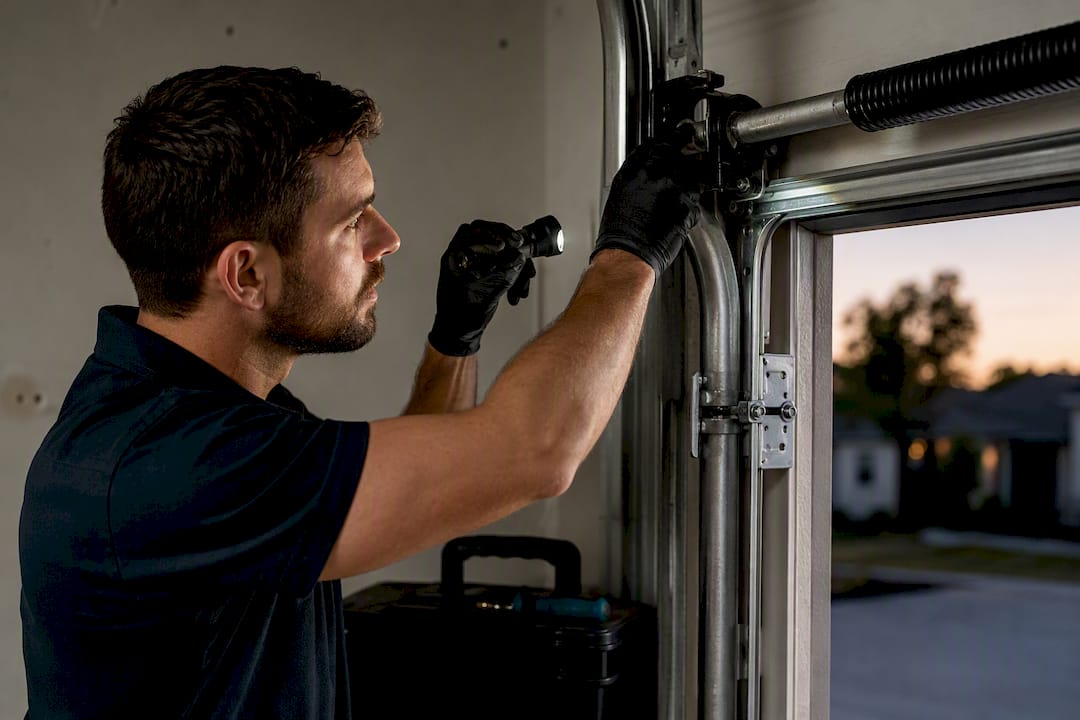 Technician inspecting emergency garage door hardware