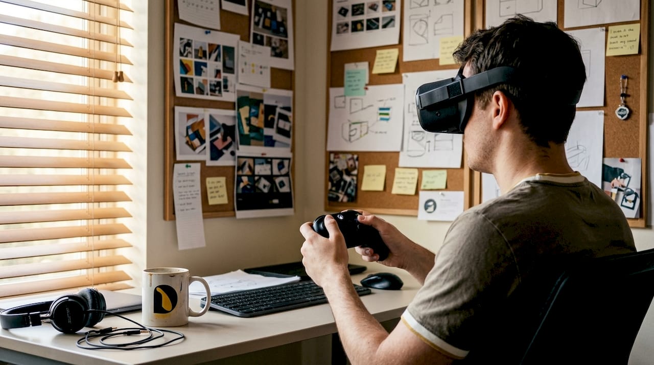 Designer using VR for empathy in workspace