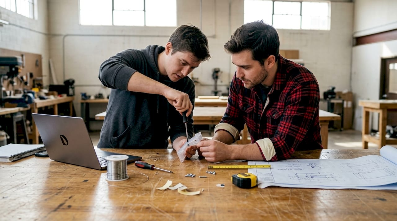 Engineers assembling prototype together in workshop