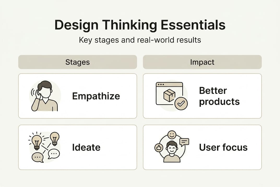 Infographic summarizing design thinking stages and impact