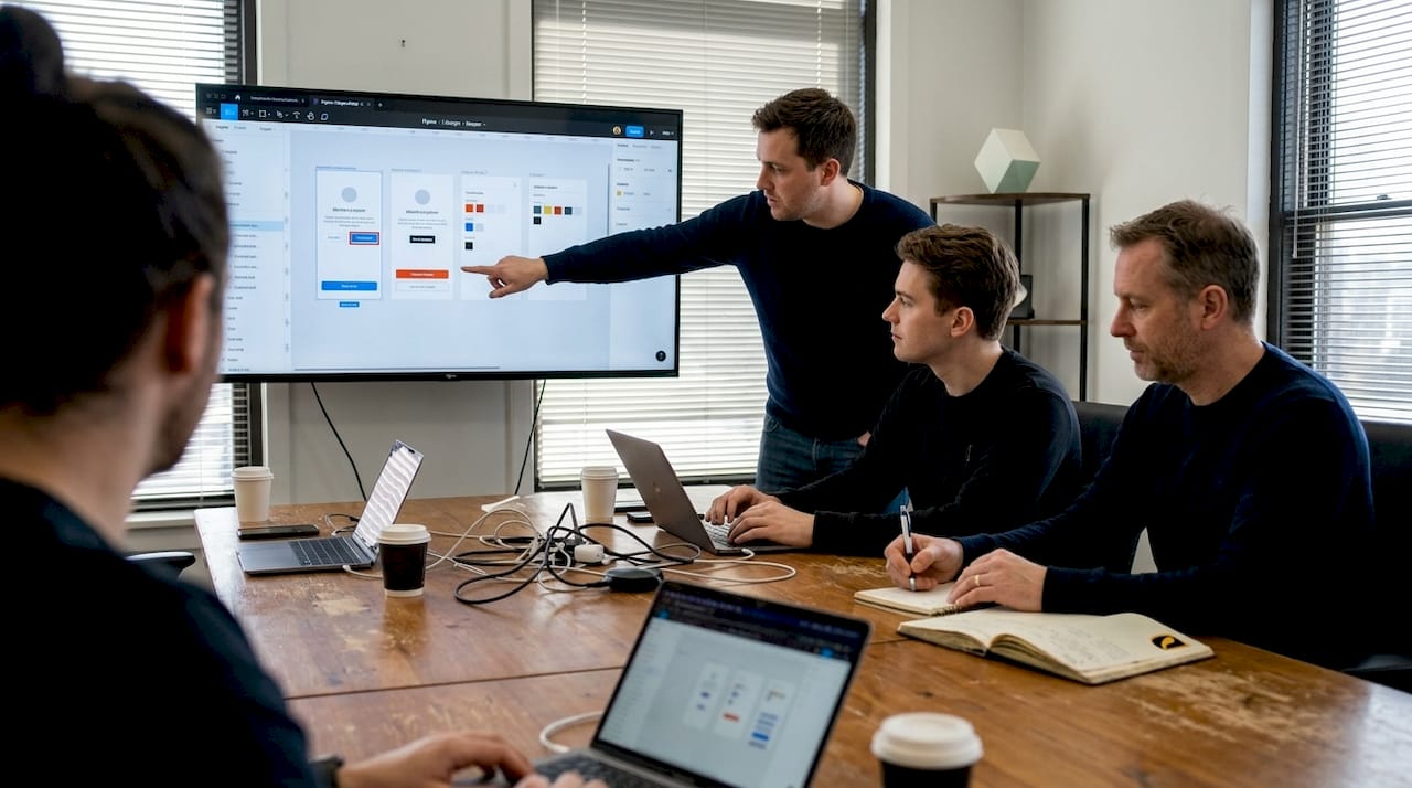 Team reviews design system on monitor