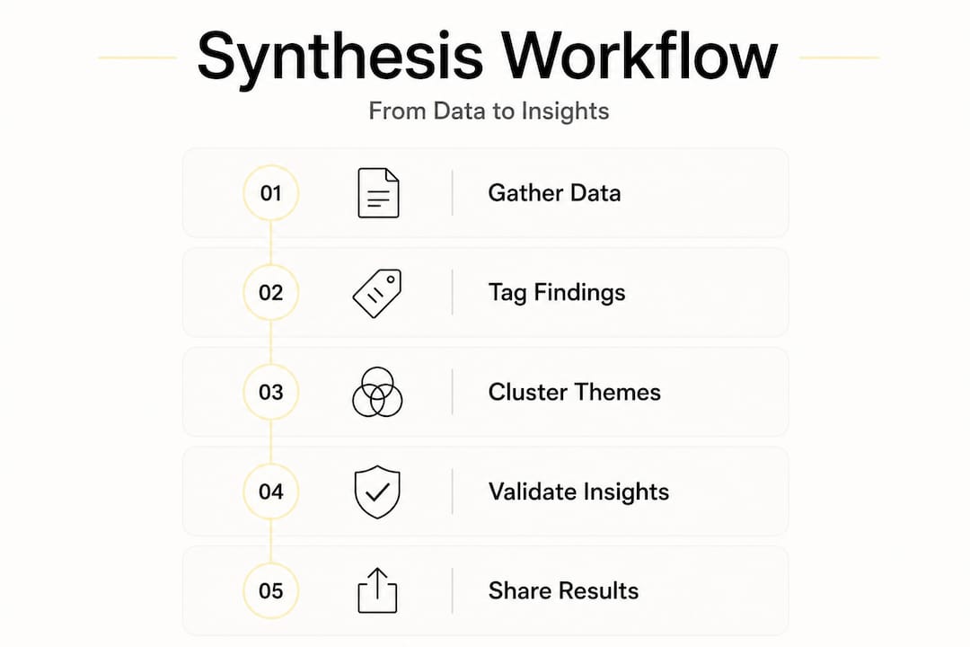 Vertical flow infographic of design research synthesis steps