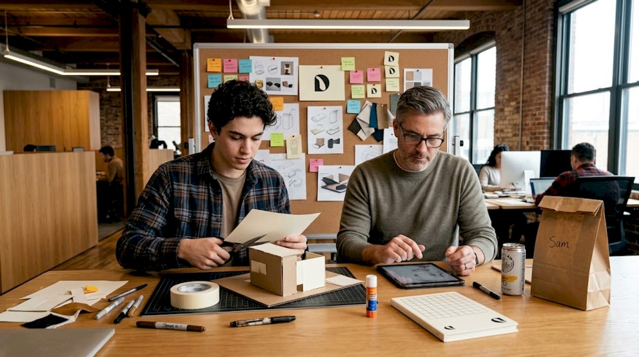 Designer constructing paper prototype at worktable