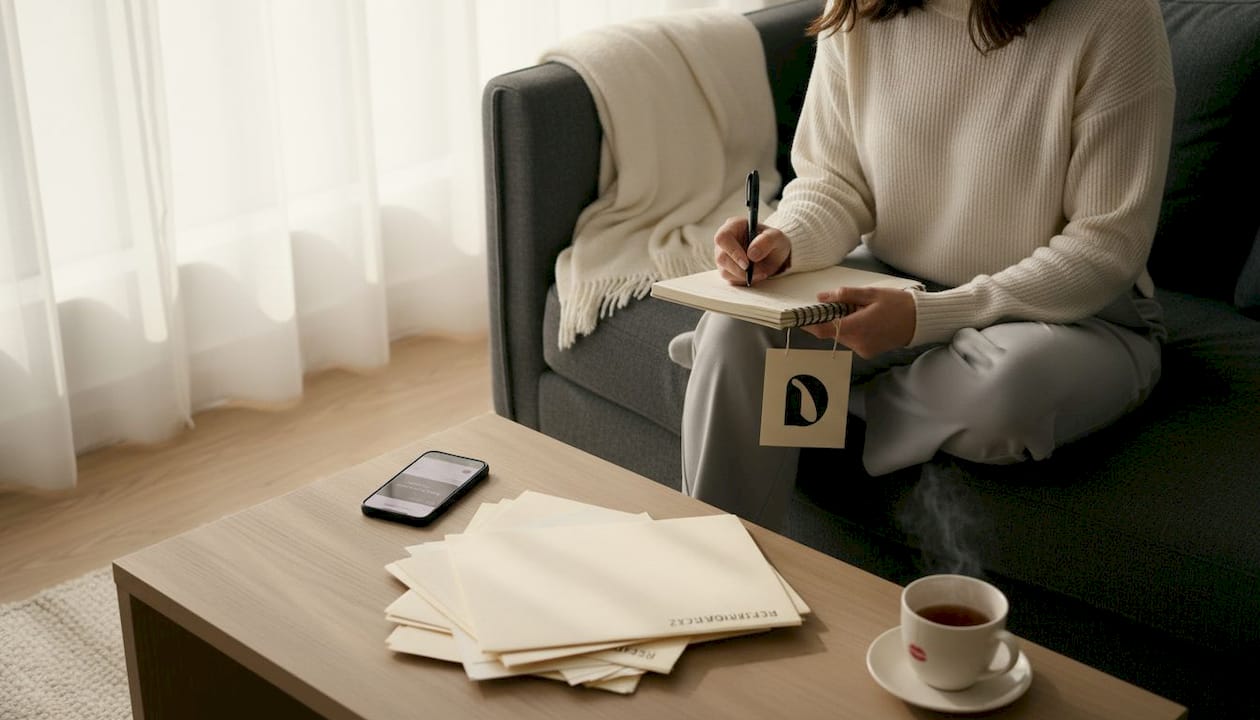 Designer updating research notes on sofa