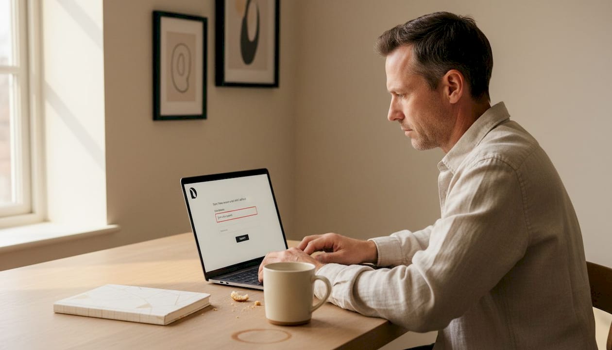 User correcting form error on laptop at kitchen table