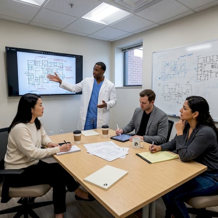 Team discusses healthcare design inspiration in hospital meeting