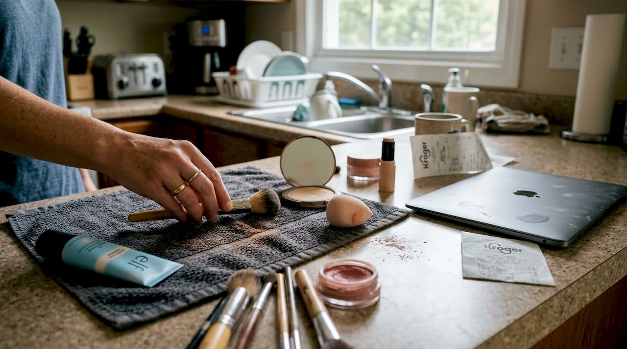 Variety of makeup brushes and tools arranged