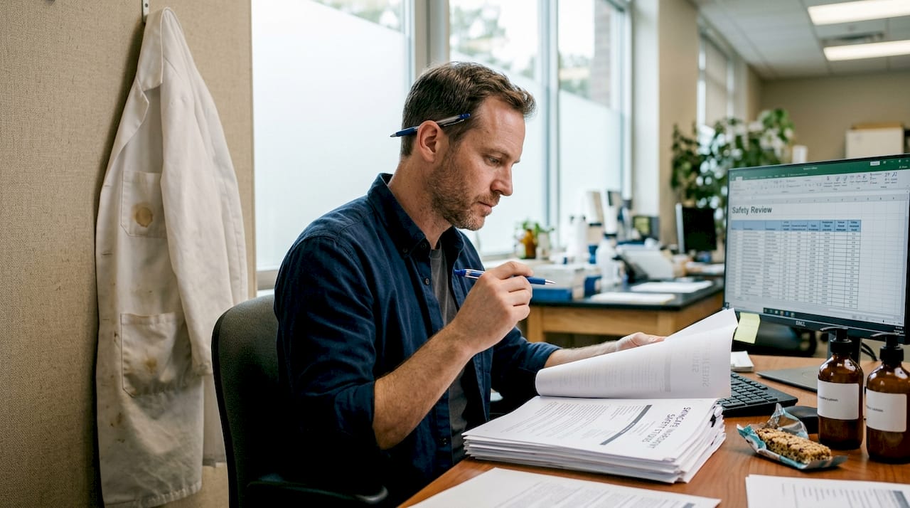 Scientist analyzing clean beauty product data