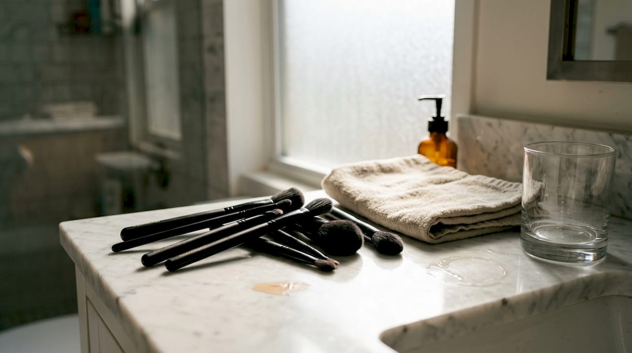 Hourglass vegan makeup brushes on vanity