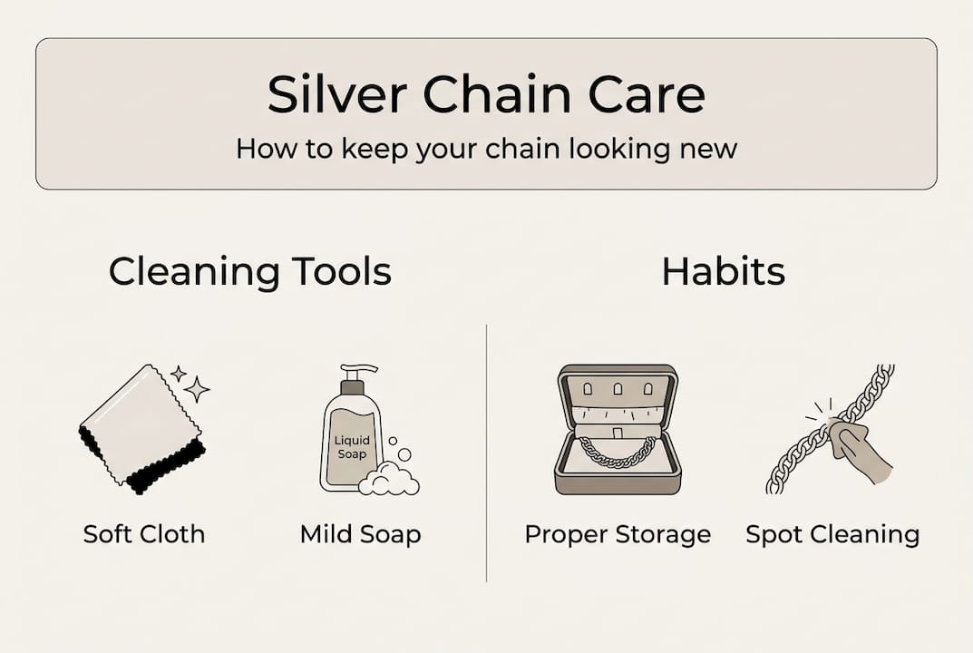 Infographic with silver chain care essentials