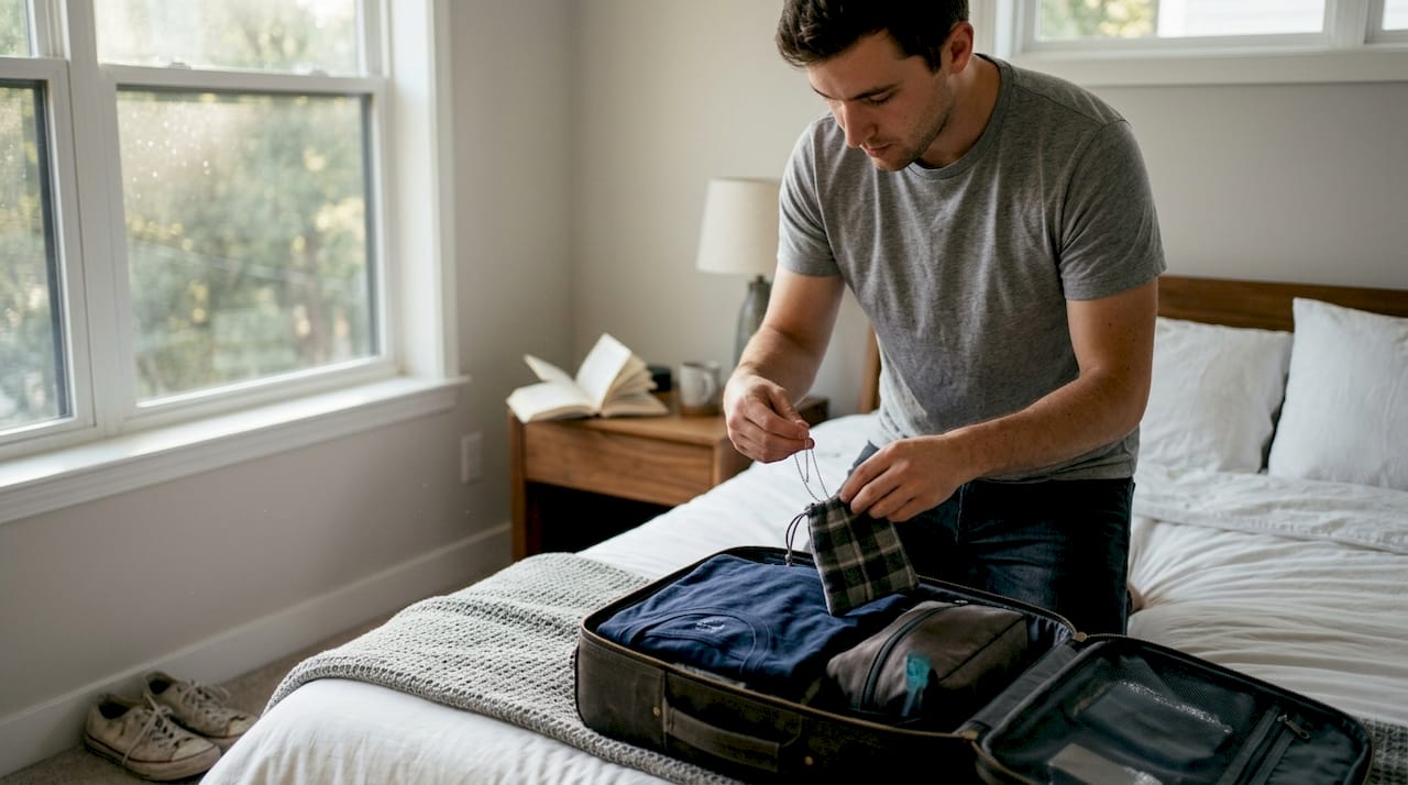 Man packing silver chain for travel