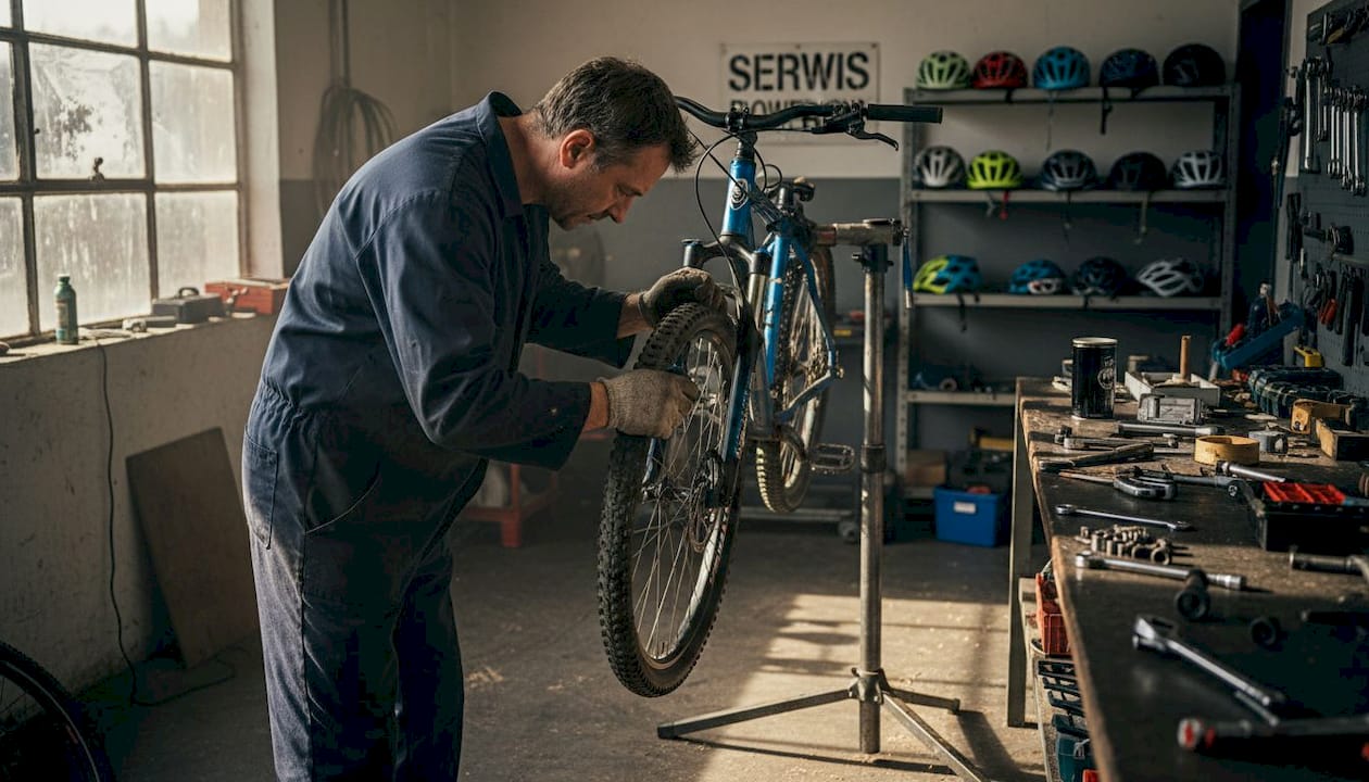 Mechanik rowerowy ustawia hamulce w swoim warsztacie.