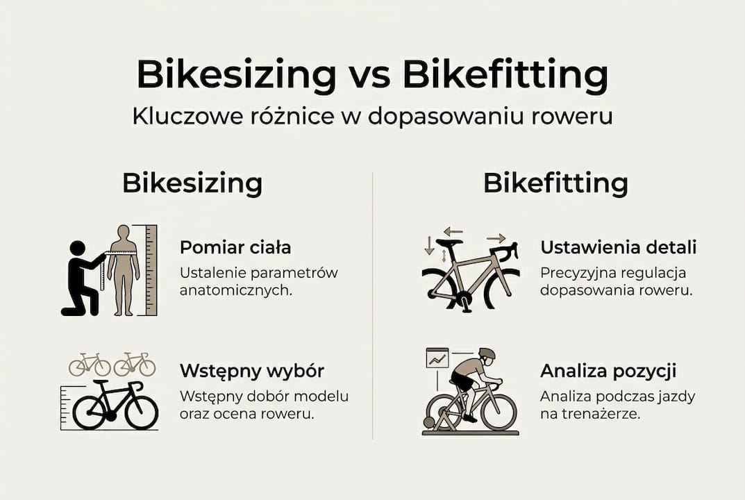 Infografika: bikesizing czy bikefitting – czym się różnią i co wybrać?