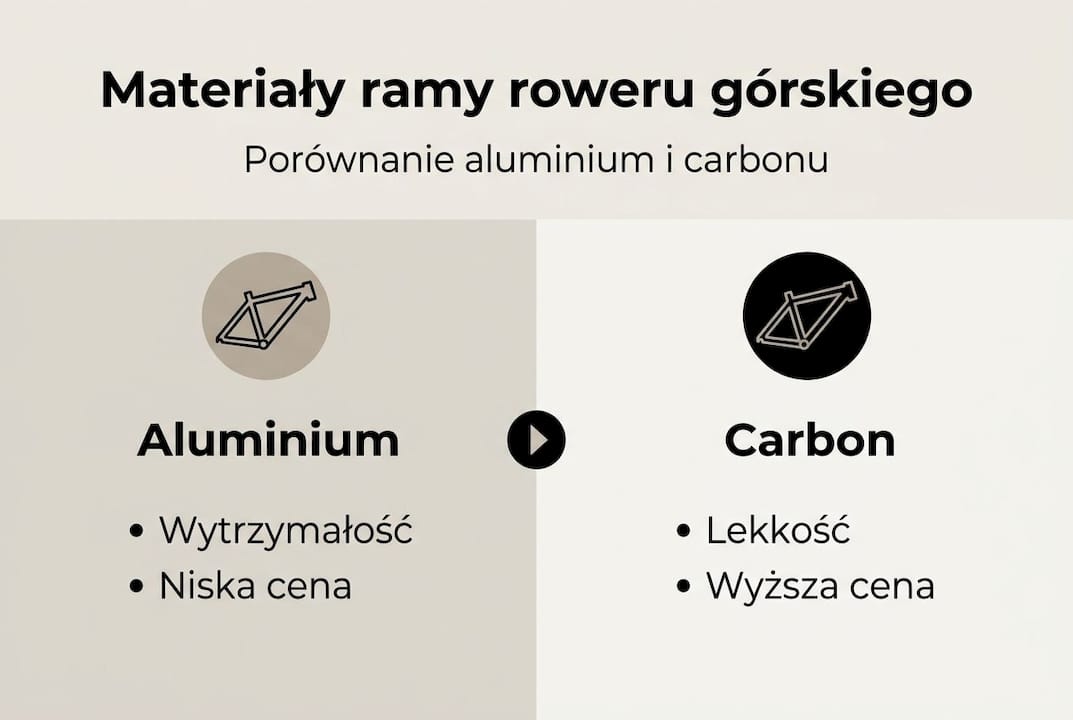 Infografika przedstawiająca porównanie ram rowerów górskich wykonanych z aluminium i karbonu
