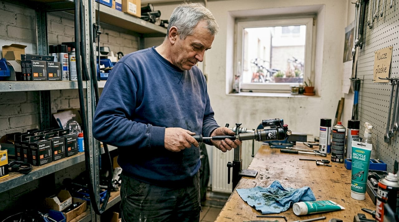 Mechanik zakłada nowy amortyzator do roweru.