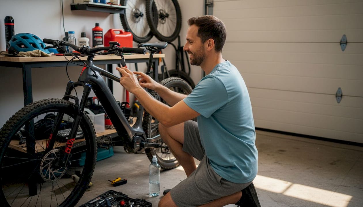 Rowerzysta sprawdza swojego Turbo Levo w garażu