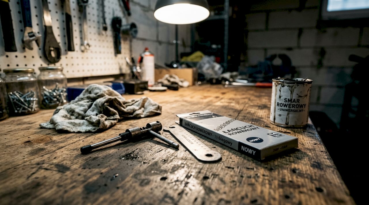 Skuwacz do łańcucha i miernik leżące na warsztatowym stole