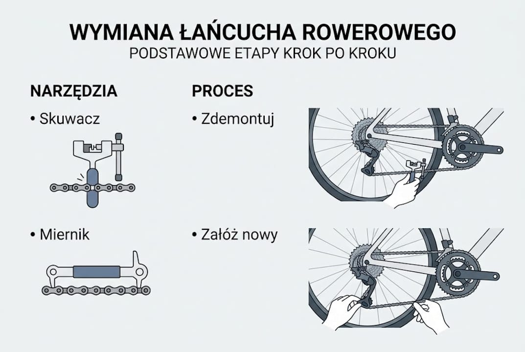 Praktyczna infografika przedstawiająca, jak krok po kroku wymienić łańcuch
