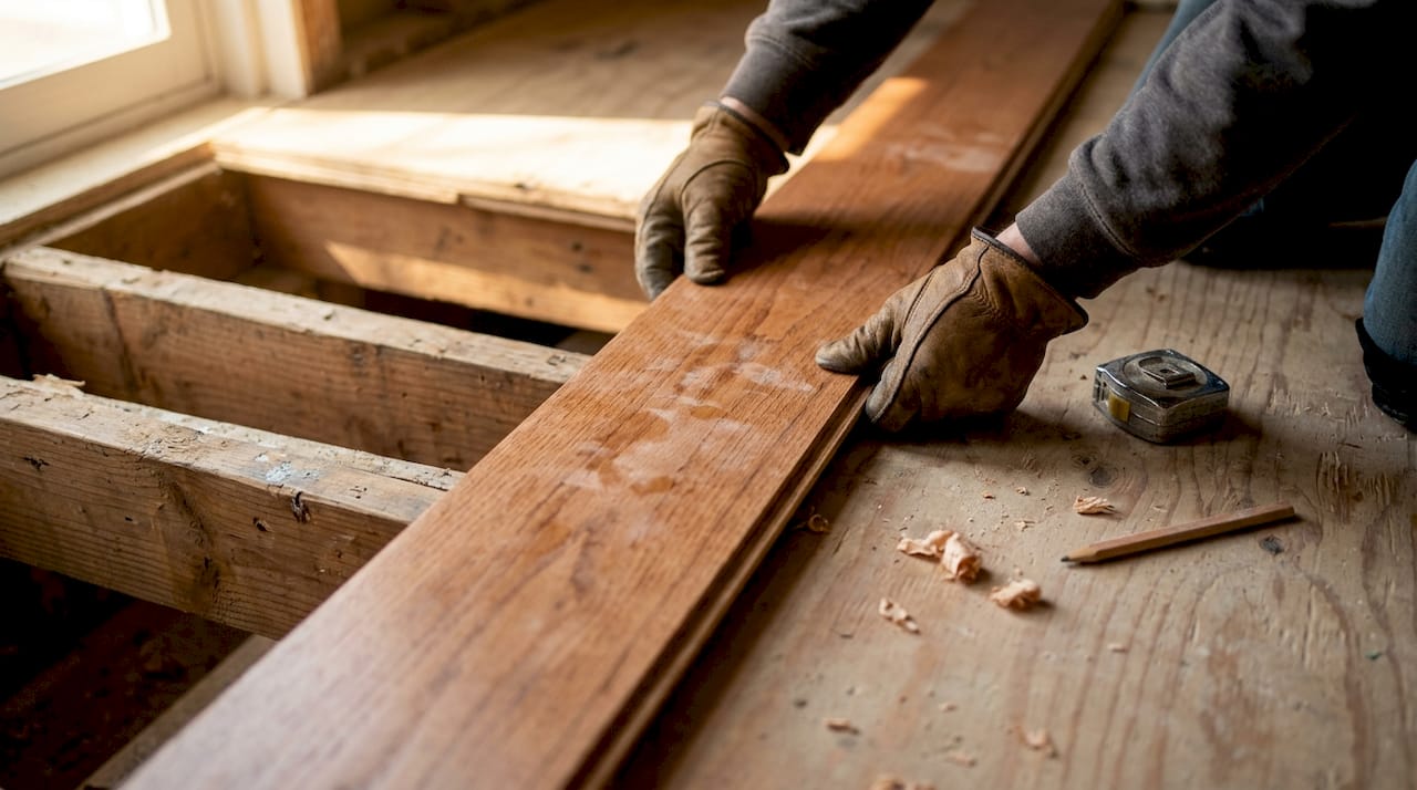 Close-up aligning hardwood perpendicular to joists
