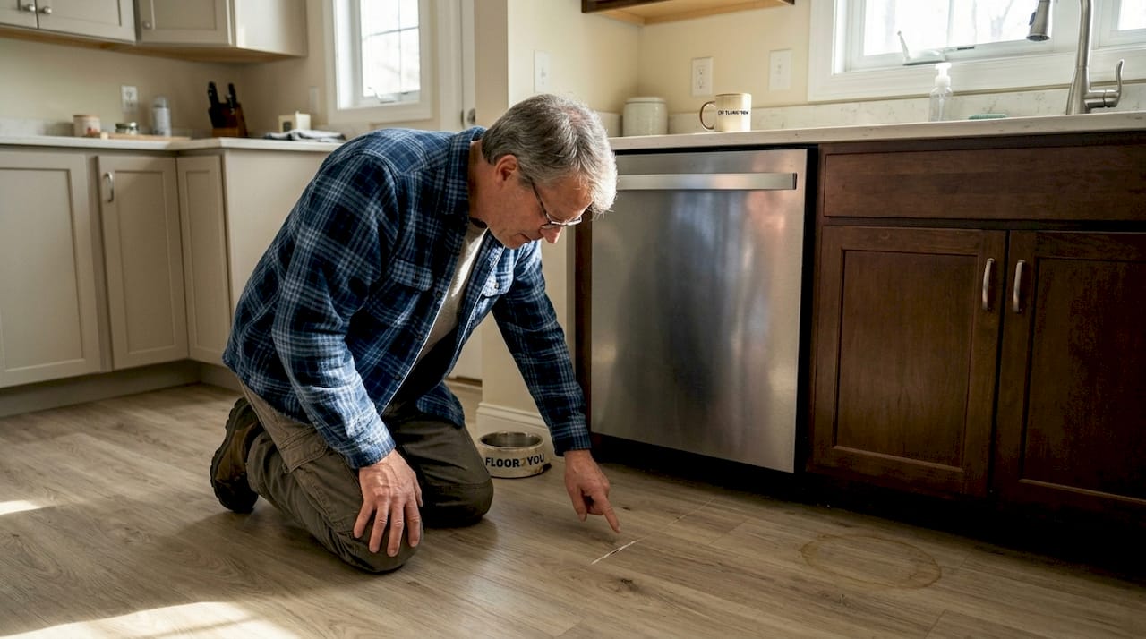Man checks floor durability in kitchen