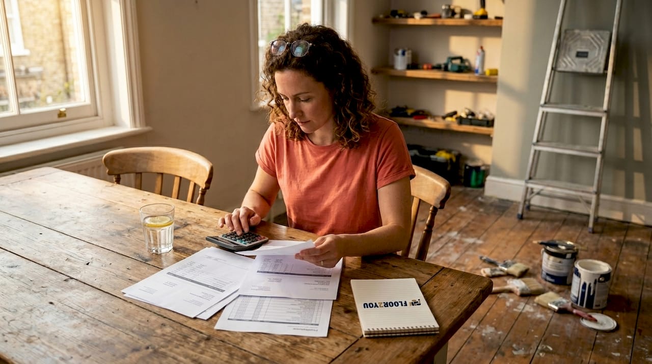 Woman budgeting for home renovation at kitchen island