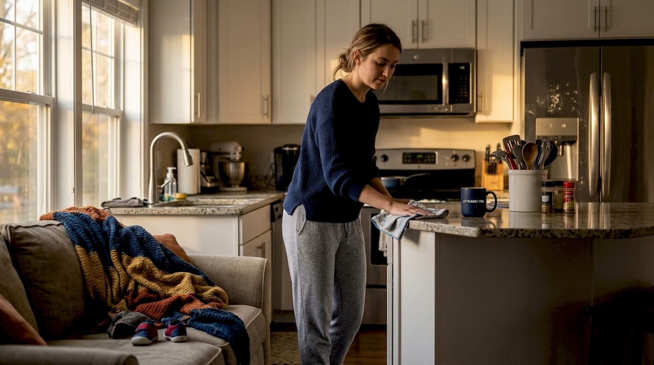 Open kitchen with everyday mess visible from living room