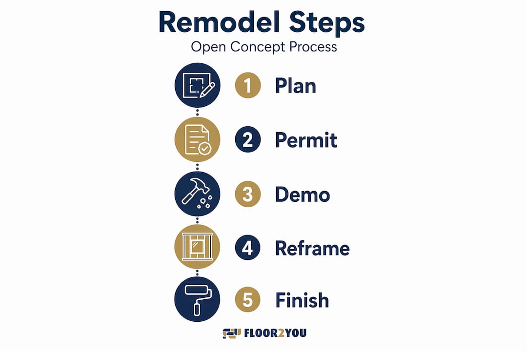 Vertical infographic of open concept remodel process steps