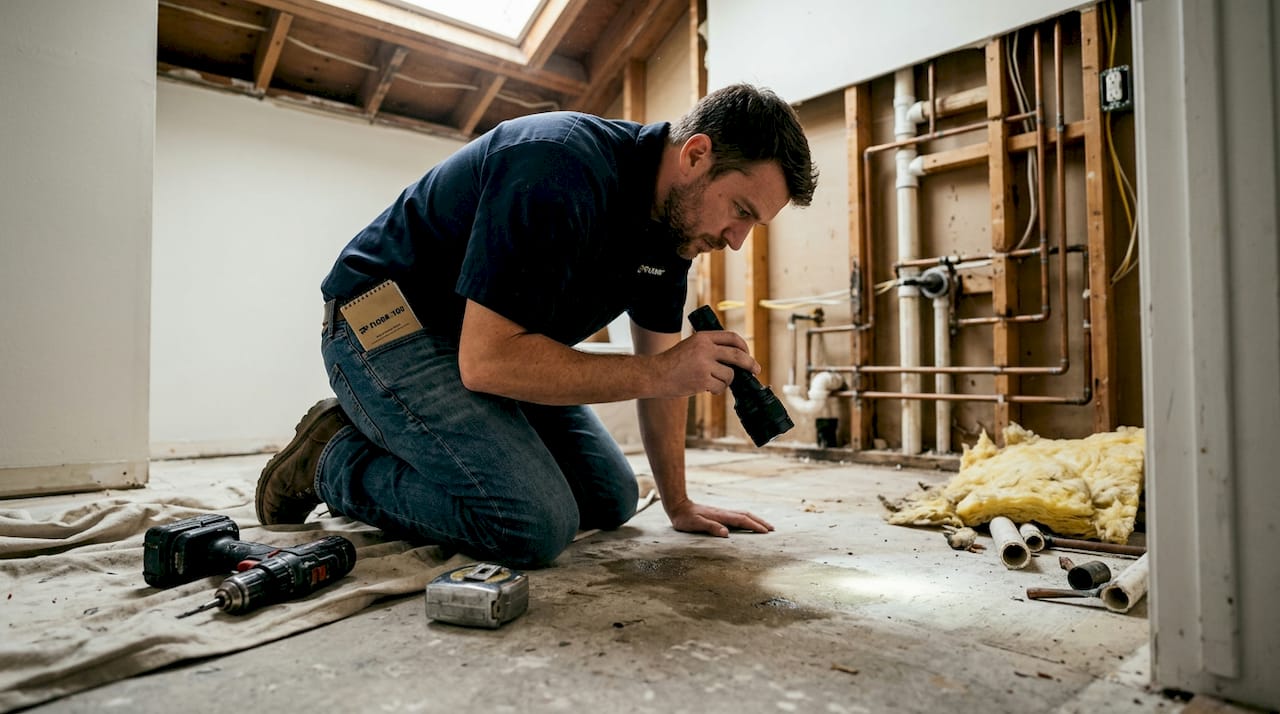 Contractor inspecting bathroom subfloor during demolition