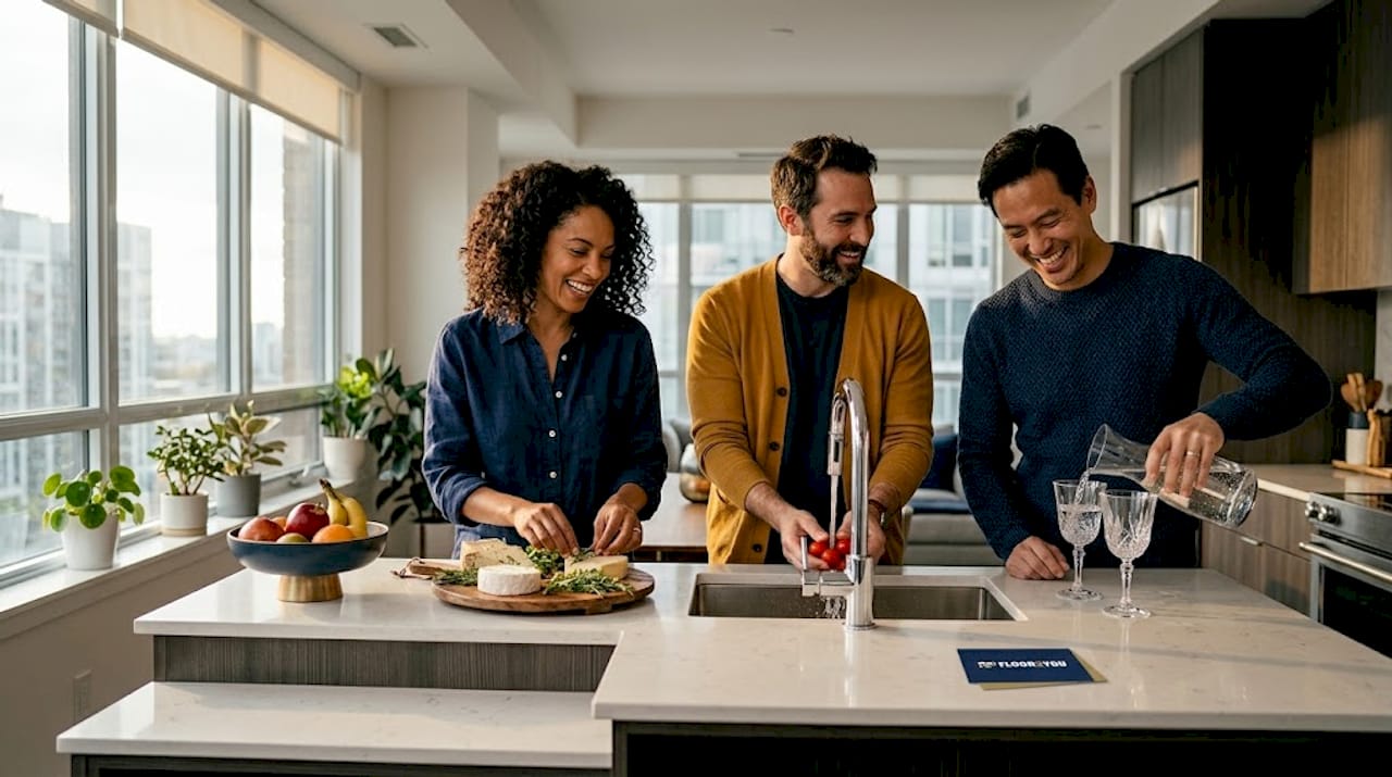 Friends chatting in bright, welcoming kitchen