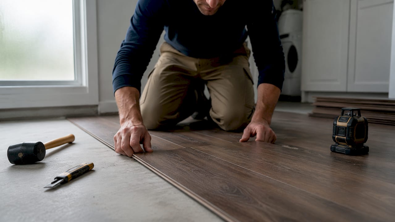 Installer installing luxury vinyl plank flooring