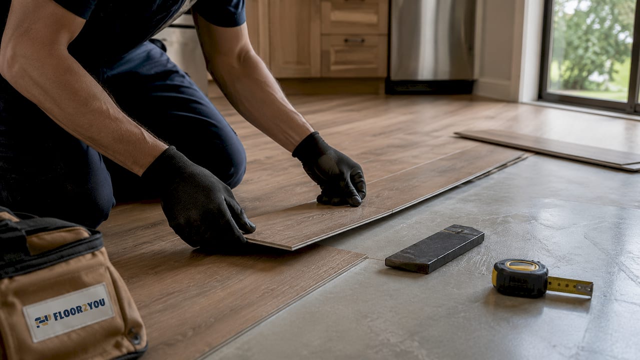 Hands installing luxury vinyl plank flooring