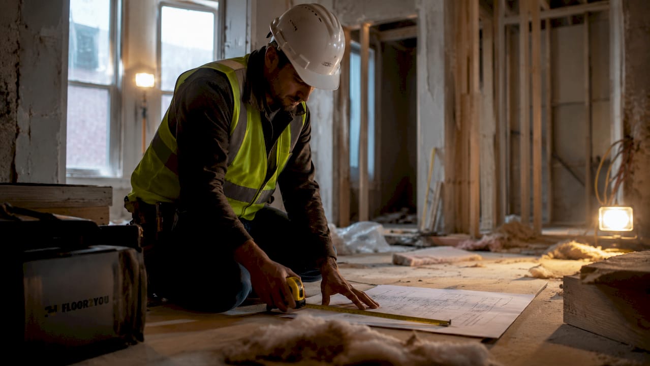 Construction worker inspecting home renovation framing