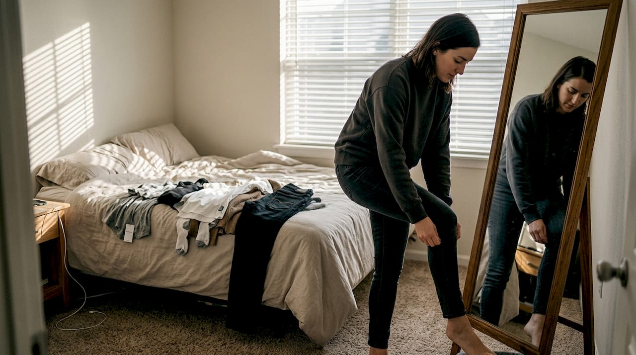 Person adjusting basics outfit fit in bedroom mirror