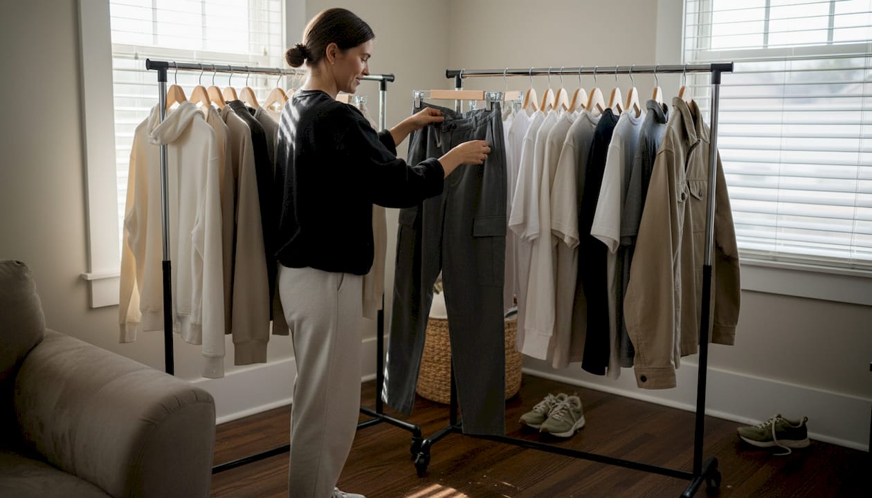 Woman organizing minimalist streetwear wardrobe