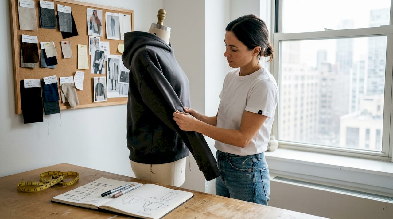 Designer adjusting streetwear fit on dress form