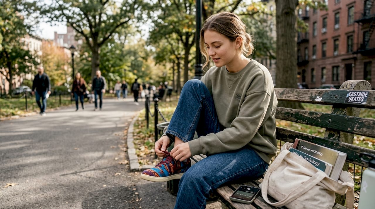 Woman in minimalist streetwear tying shoes in park