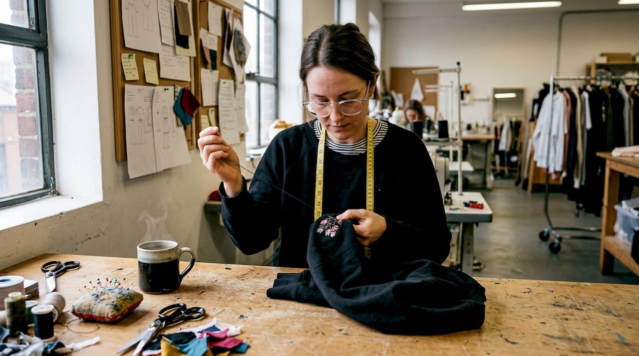 Artisan hand-stitching streetwear in studio