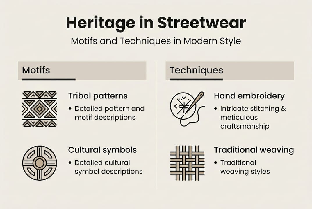 Heritage motifs and techniques in streetwear infographic