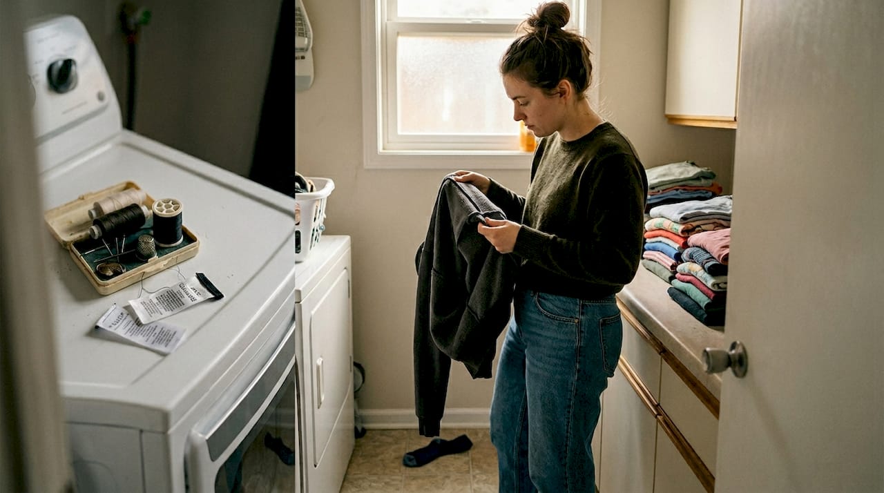 Woman inspecting streetwear hoodie stitching