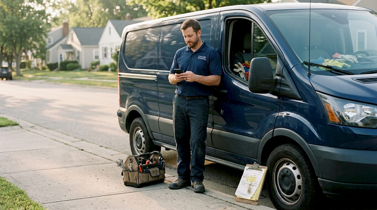 Plumber checking customer reviews on street