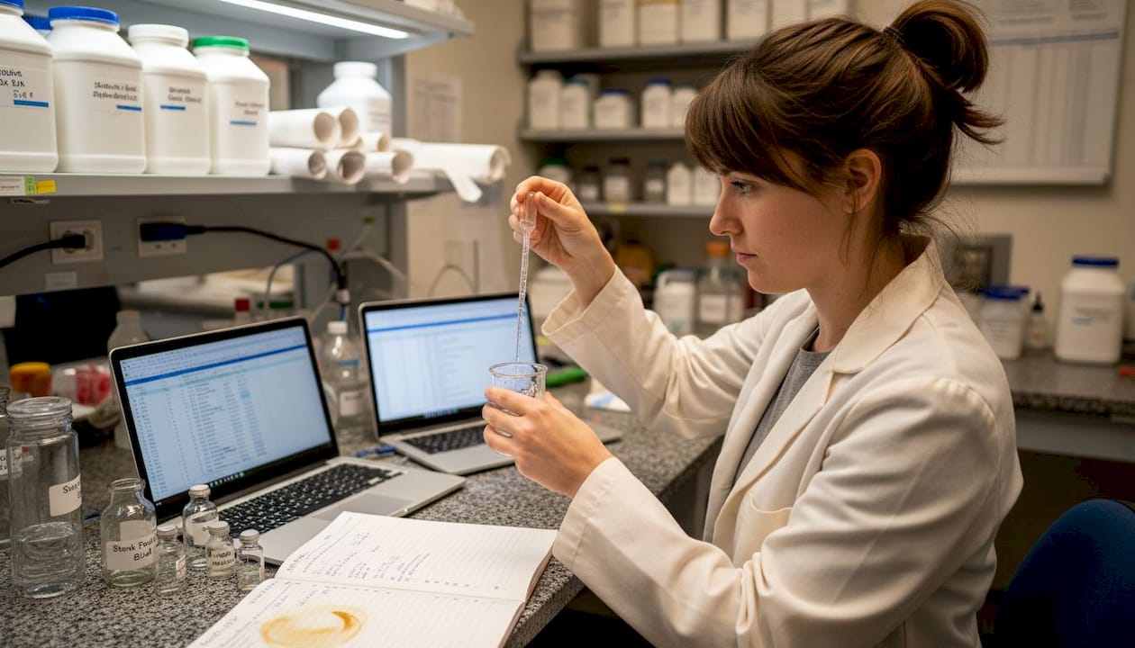 Scientist pouring sweetener sample in lab