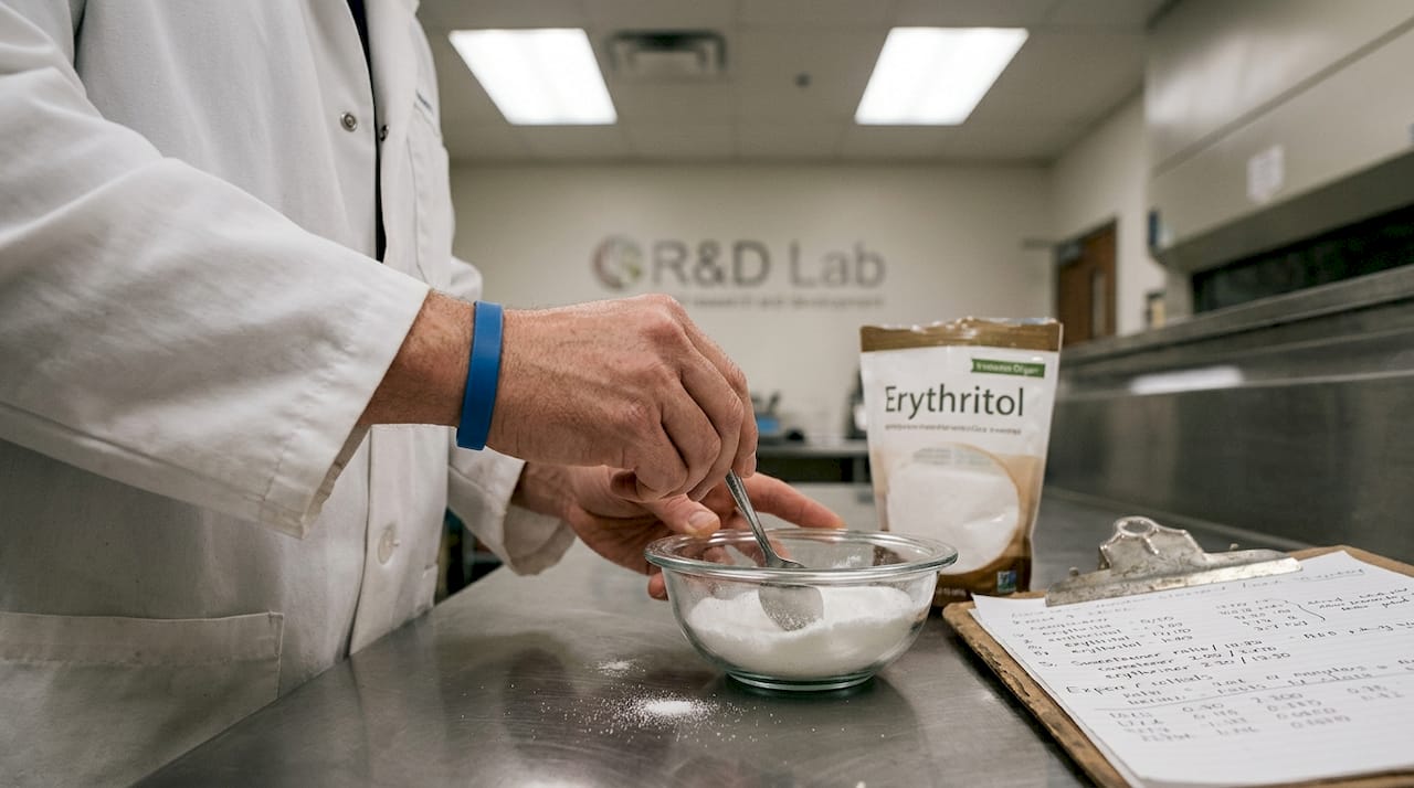 Hands mixing sweetener blend in lab