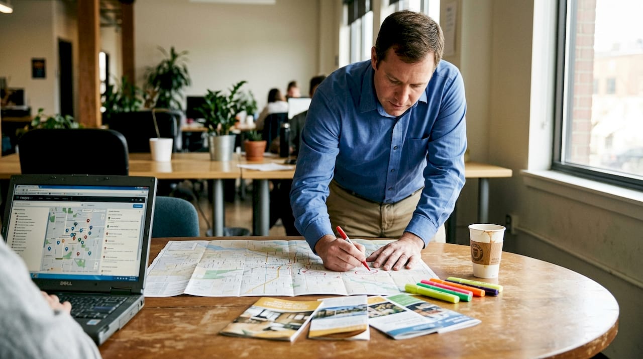 Service business planner marking city map