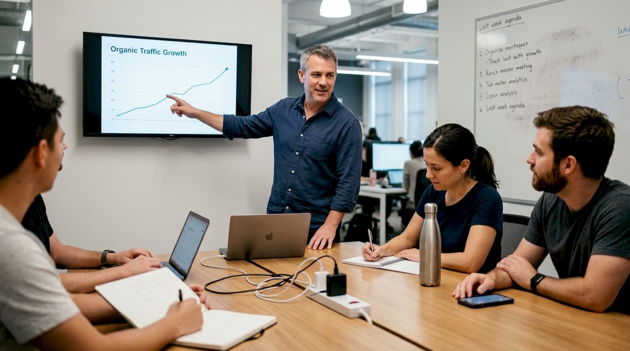 Team meeting discussing SEO audit results