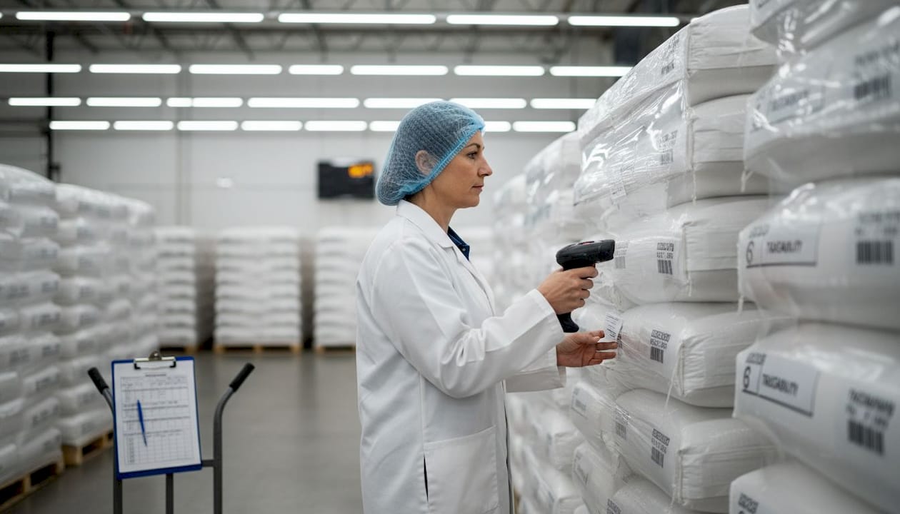 Quality inspector in food-grade sugar storage area