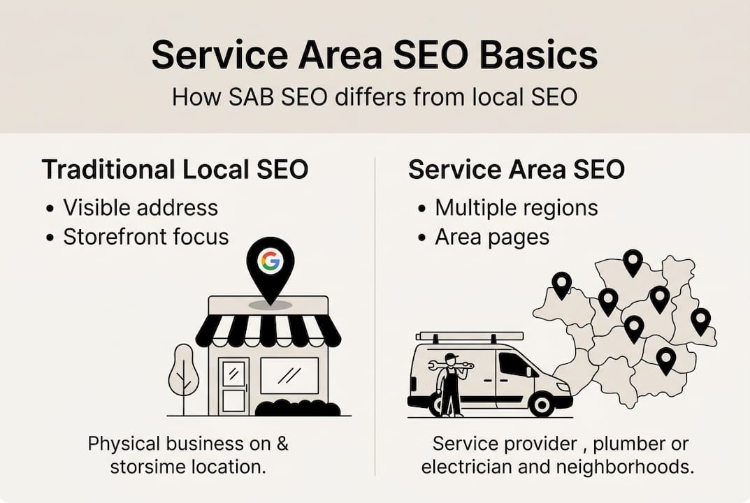 Infographic comparing SAB and local SEO